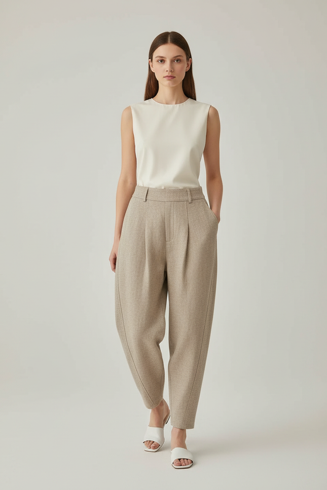 Pantalon Baggy Beige Ample Plissé Décontracté Femme - Tweed