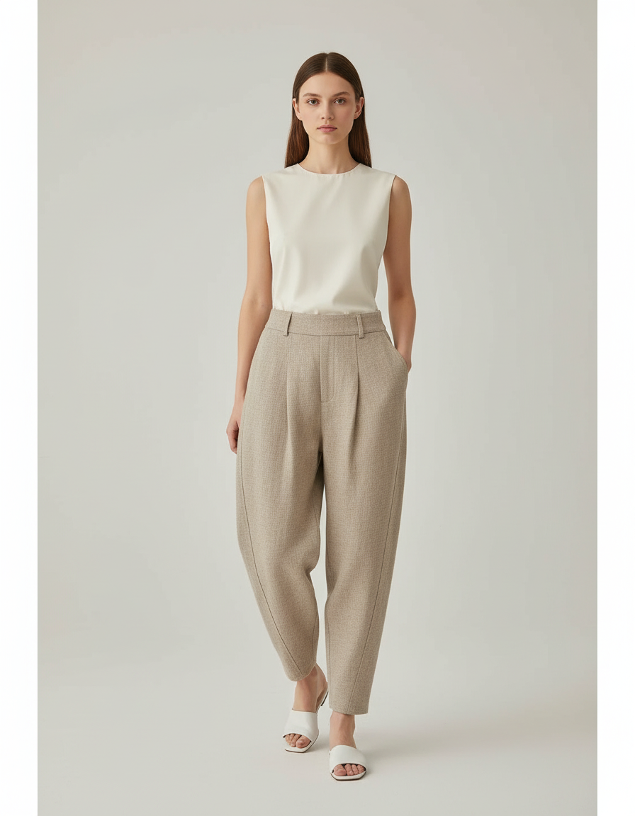 Pantalon Baggy Beige Ample Plissé Décontracté Femme - Tweed