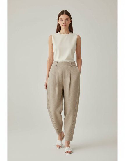 Pantalon Baggy Beige Ample Plissé Décontracté Femme - Tweed