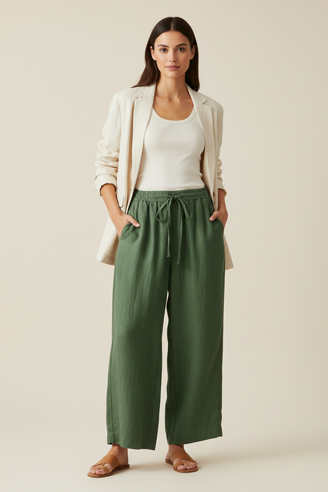 Pantalon Baggy Vert Lin Ample Fluide Taille Haute