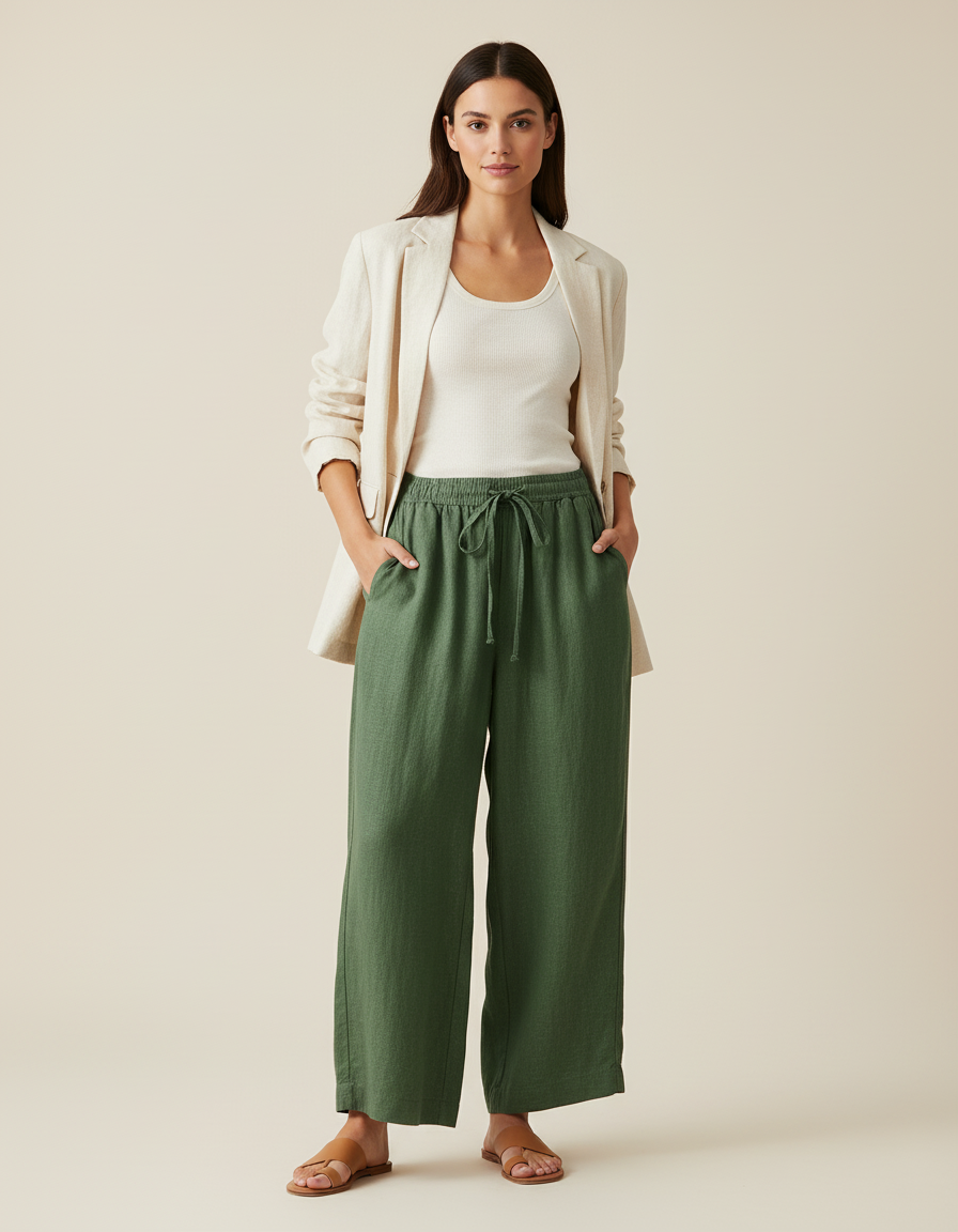 Pantalon Baggy Vert Lin Ample Fluide Taille Haute