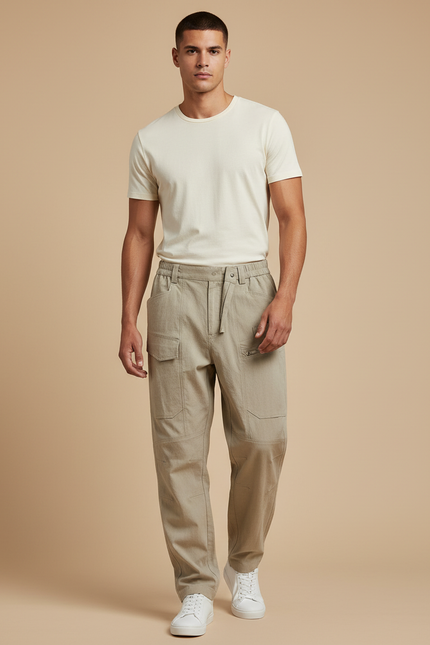 Pantalon Baggy Cargo Beige Décontracté Ample Coton