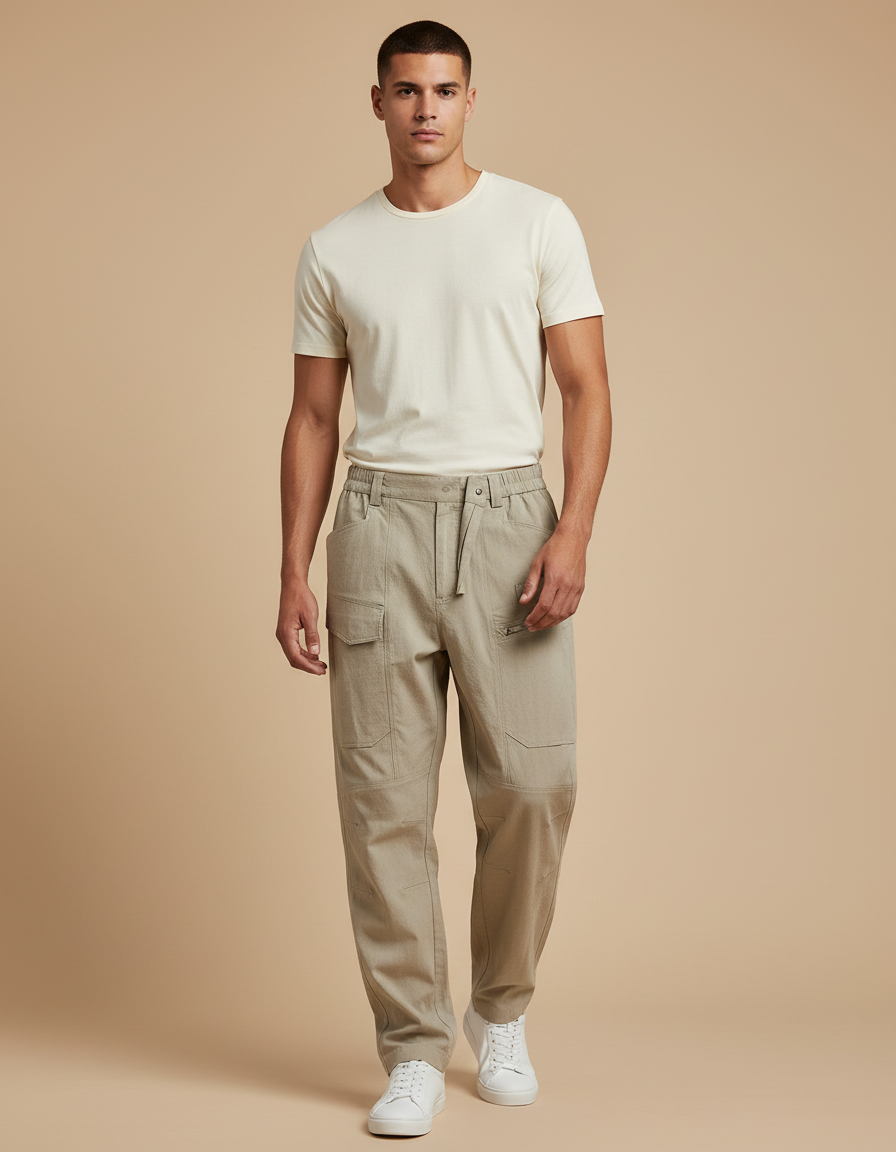 Pantalon Baggy Cargo Beige Décontracté Ample Coton