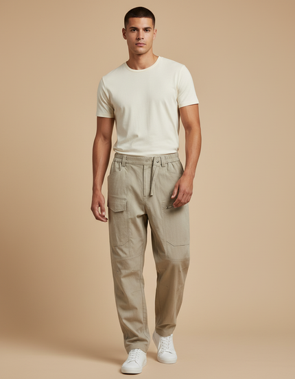 Pantalon Baggy Cargo Beige Décontracté Ample Coton