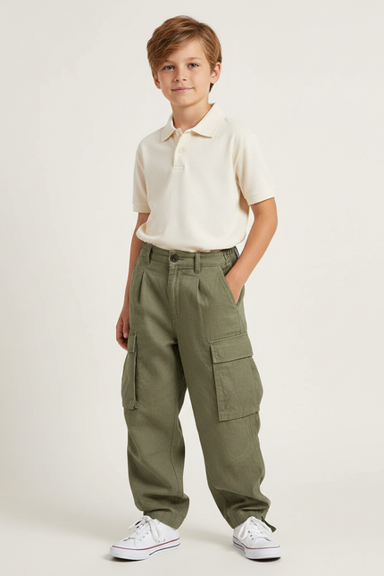 Pantalon Baggy Kaki Cargo Plissé Décontracté Garçon - Lin