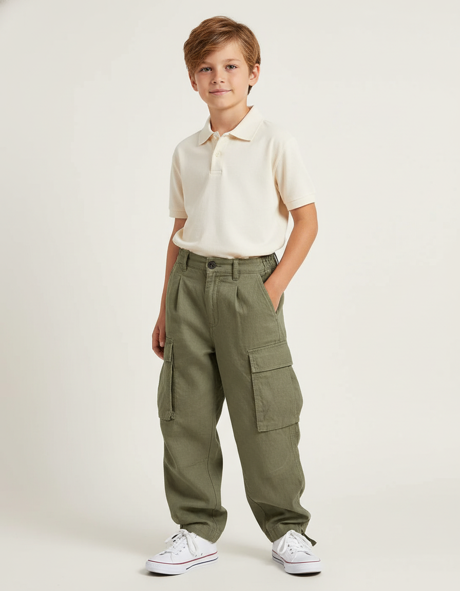 Pantalon Baggy Kaki Cargo Plissé Décontracté Garçon - Lin