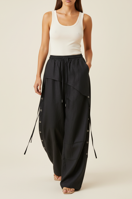 Pantalon Baggy Noir Lin Ample Boutons Décontracté