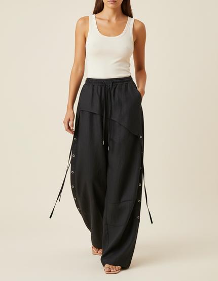 Pantalon Baggy Noir Lin Ample Boutons Décontracté