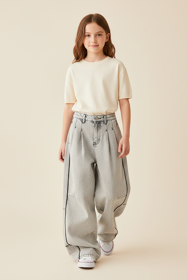 Pantalon Baggy Gris Jean Ample Décontracté Enfant