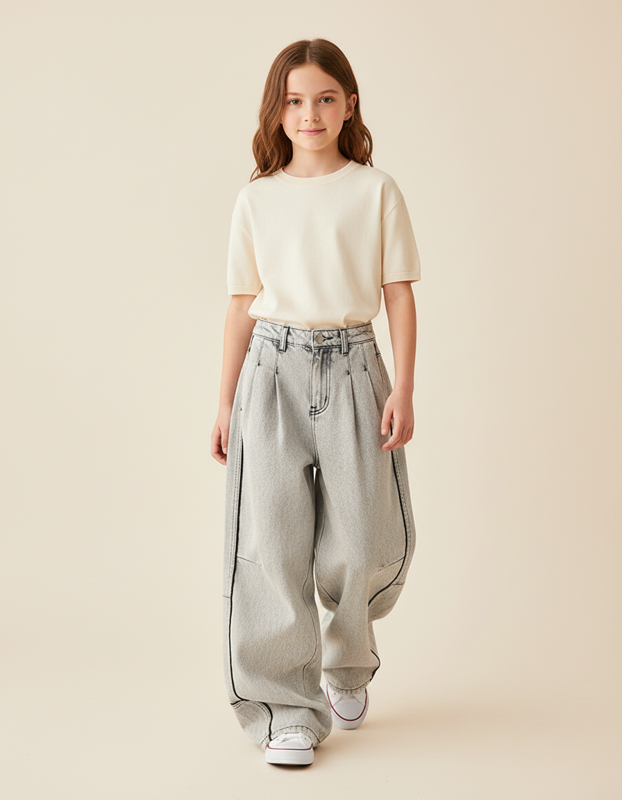 Pantalon Baggy Gris Jean Ample Décontracté Enfant