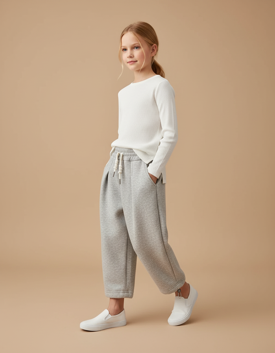 Pantalon Baggy Gris Ample Molleton Cordon Enfant
