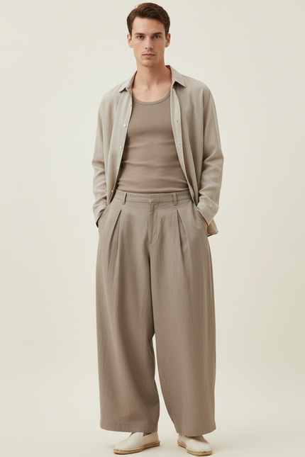 Pantalon Baggy Beige Plissé Ample Lin Homme