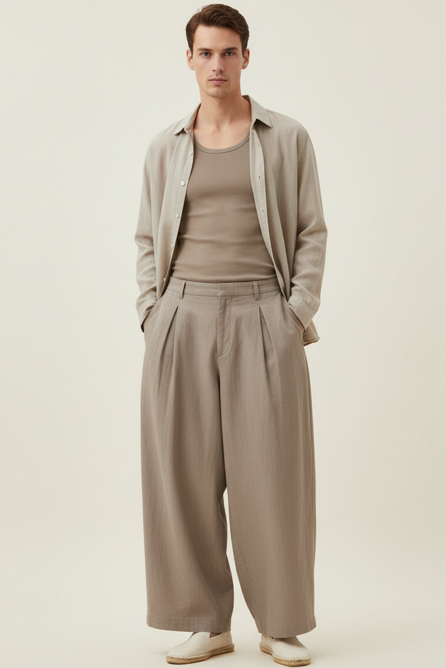 Pantalon Baggy Beige Plissé Ample Lin Homme