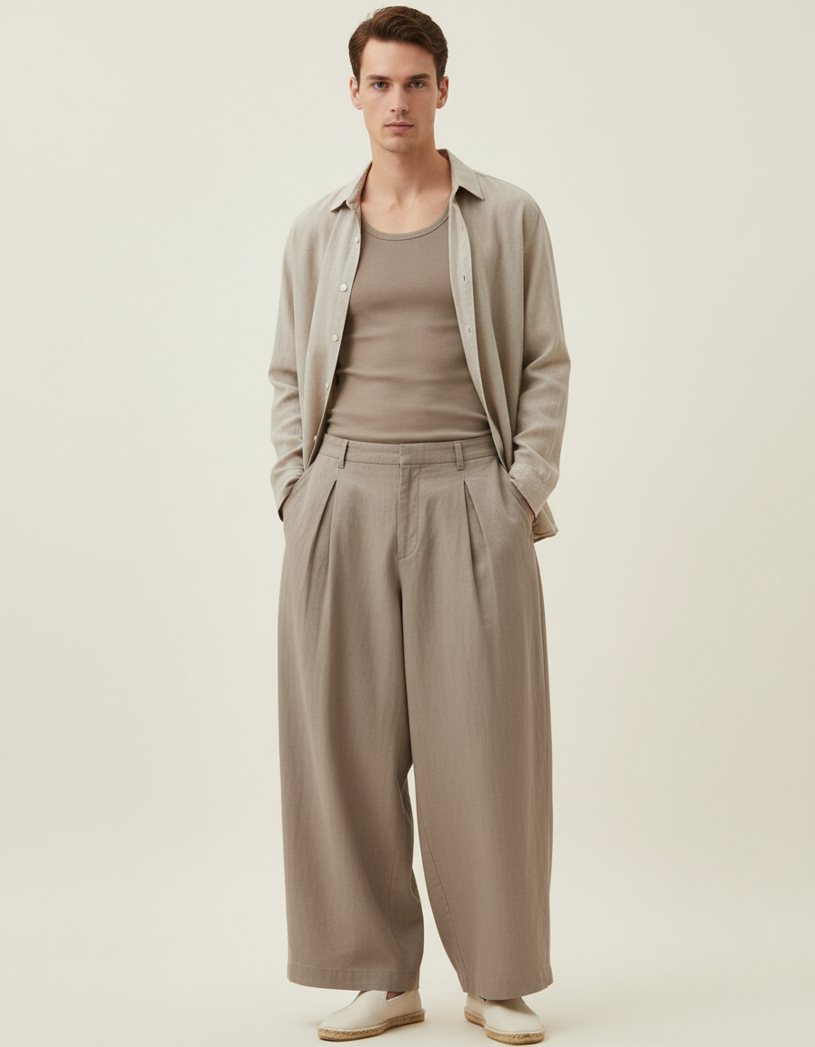Pantalon Baggy Beige Plissé Ample Lin Homme