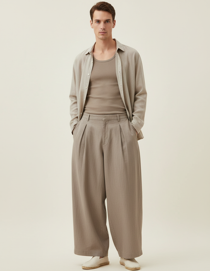 Pantalon Baggy Beige Plissé Ample Lin Homme