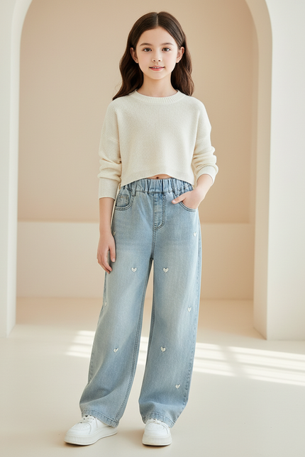 Pantalon Baggy Jean Bleu Ciel Cœurs Brodés Fille