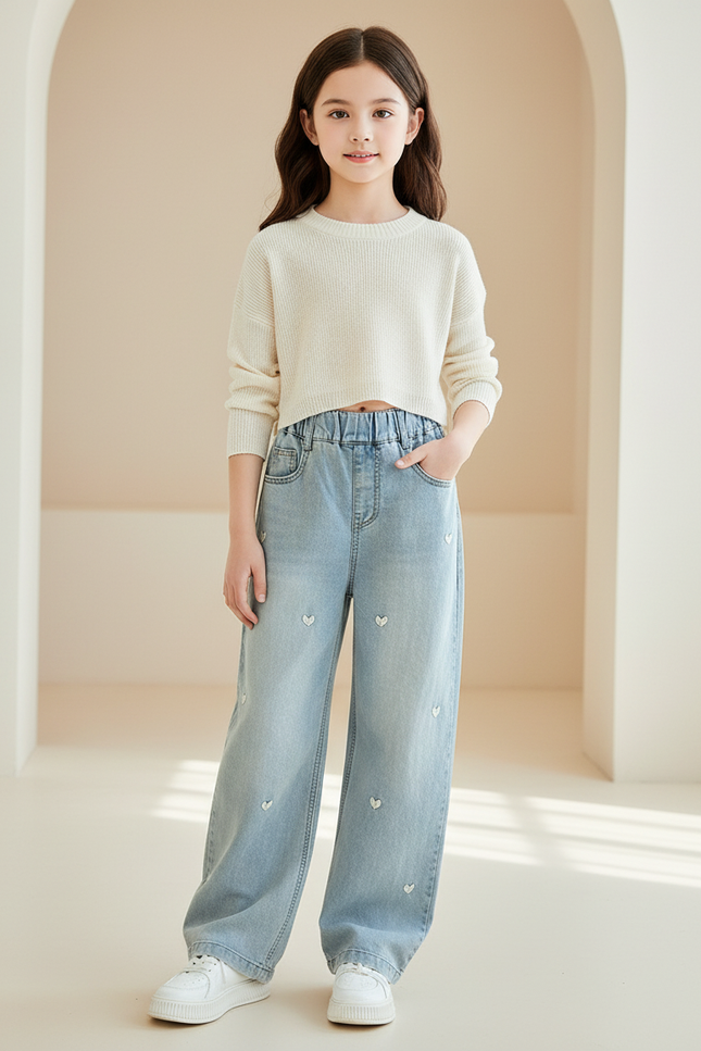 Pantalon Baggy Jean Bleu Ciel Cœurs Brodés Fille