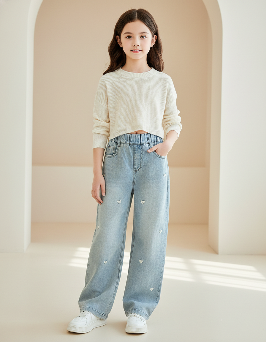 Pantalon Baggy Jean Bleu Ciel Cœurs Brodés Fille