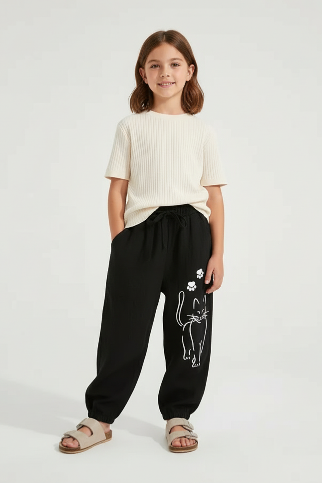 Pantalon Baggy Noir Ample Coton Motif Chat Enfant - Molleton