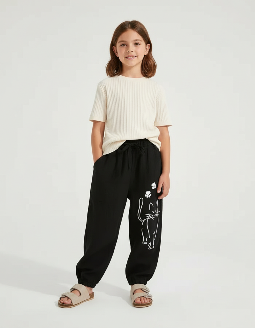 Pantalon Baggy Noir Ample Coton Motif Chat Enfant - Molleton