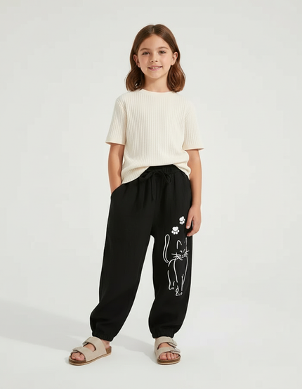 Pantalon Baggy Noir Ample Coton Motif Chat Enfant - Molleton