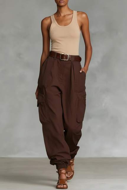 Pantalon Baggy Marron Cargo Décontracté Ample Multi-poches Femme - Gabardine