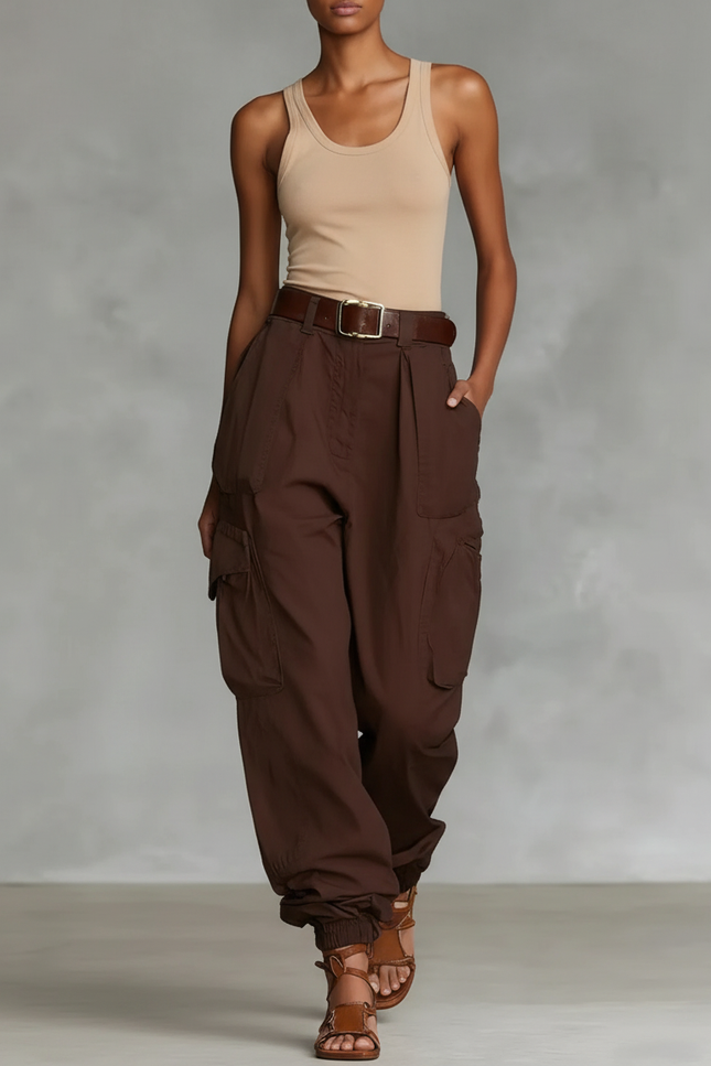 Pantalon Baggy Marron Cargo Décontracté Ample Multi-poches Femme - Gabardine