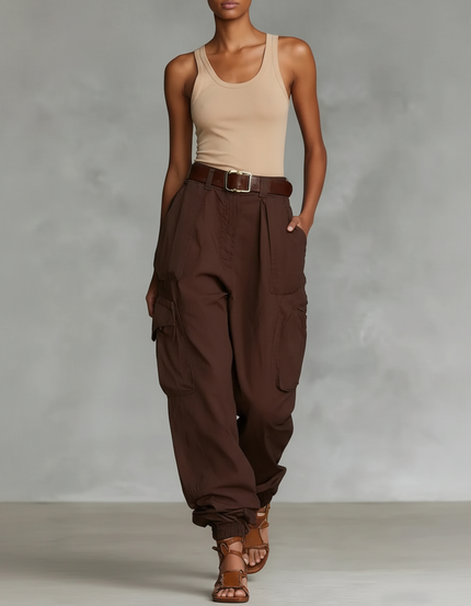Pantalon Baggy Marron Cargo Décontracté Ample Multi-poches Femme - Gabardine