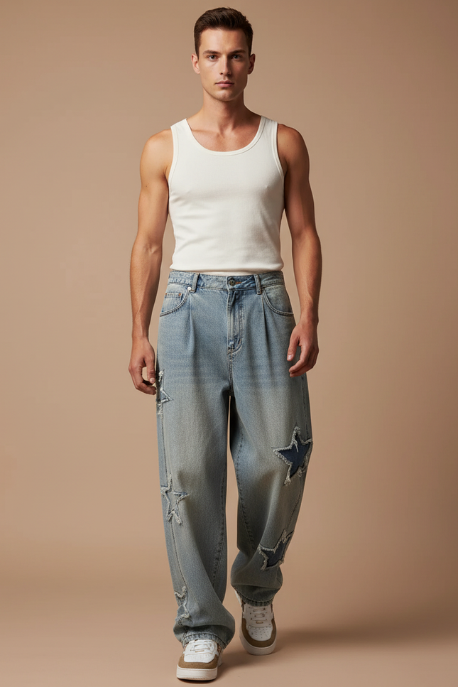 Pantalon Baggy Jean Bleu Étoiles Délavé Ample Homme