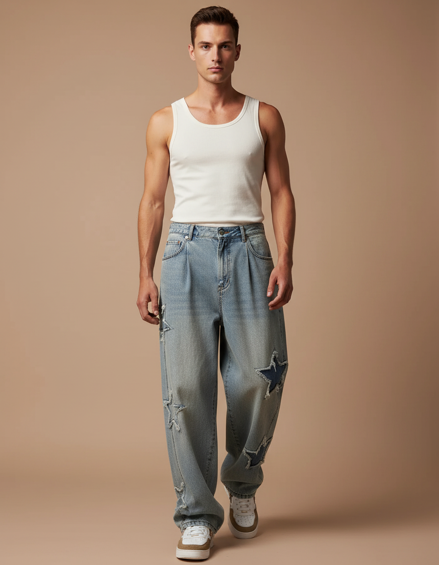 Pantalon Baggy Jean Bleu Étoiles Délavé Ample Homme