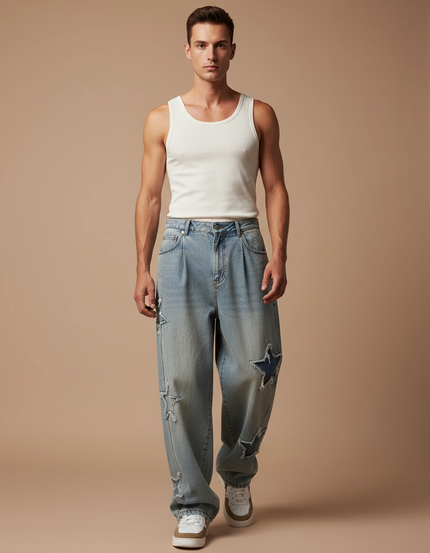Pantalon Baggy Jean Bleu Étoiles Délavé Ample Homme