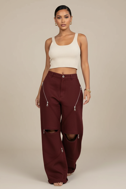 Pantalon Baggy Bordeaux Zippé Ouvert Décontracté Ample - Toile