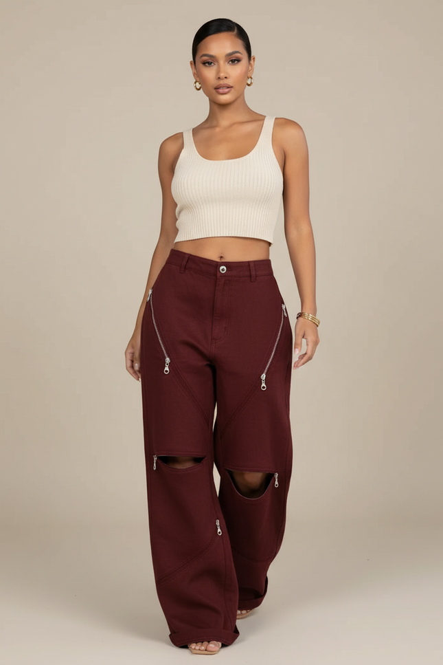 Pantalon Baggy Bordeaux Zippé Ouvert Décontracté Ample - Toile