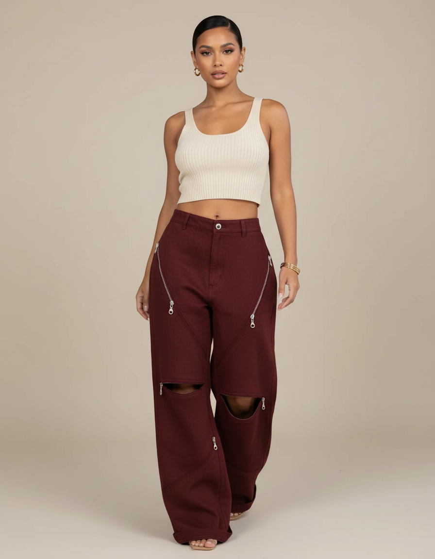 Pantalon Baggy Bordeaux Zippé Ouvert Décontracté Ample - Toile