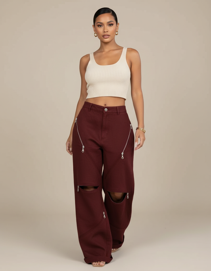 Pantalon Baggy Bordeaux Zippé Ouvert Décontracté Ample - Toile