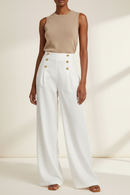 Pantalon Baggy Blanc Ample Boutons Dorés Fluide - Lin
