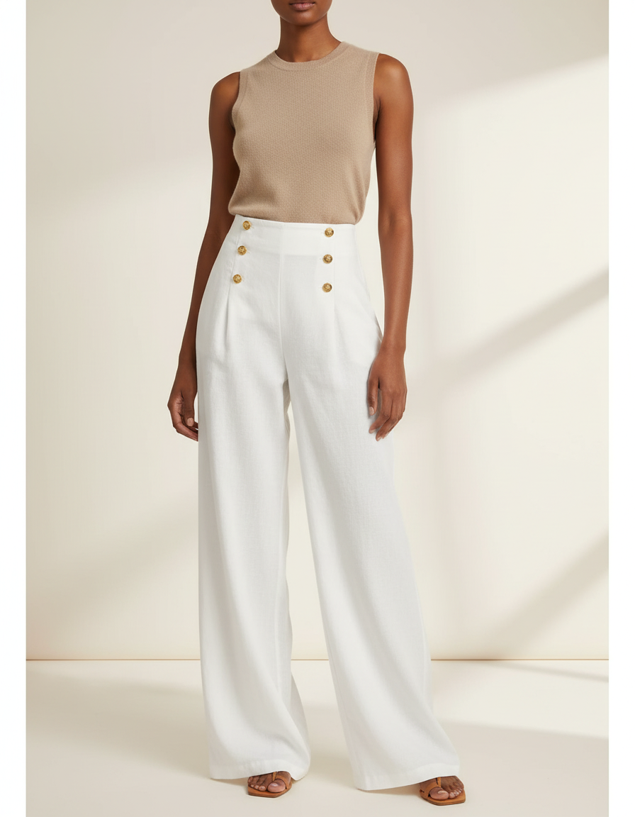 Pantalon Baggy Blanc Ample Boutons Dorés Fluide - Lin
