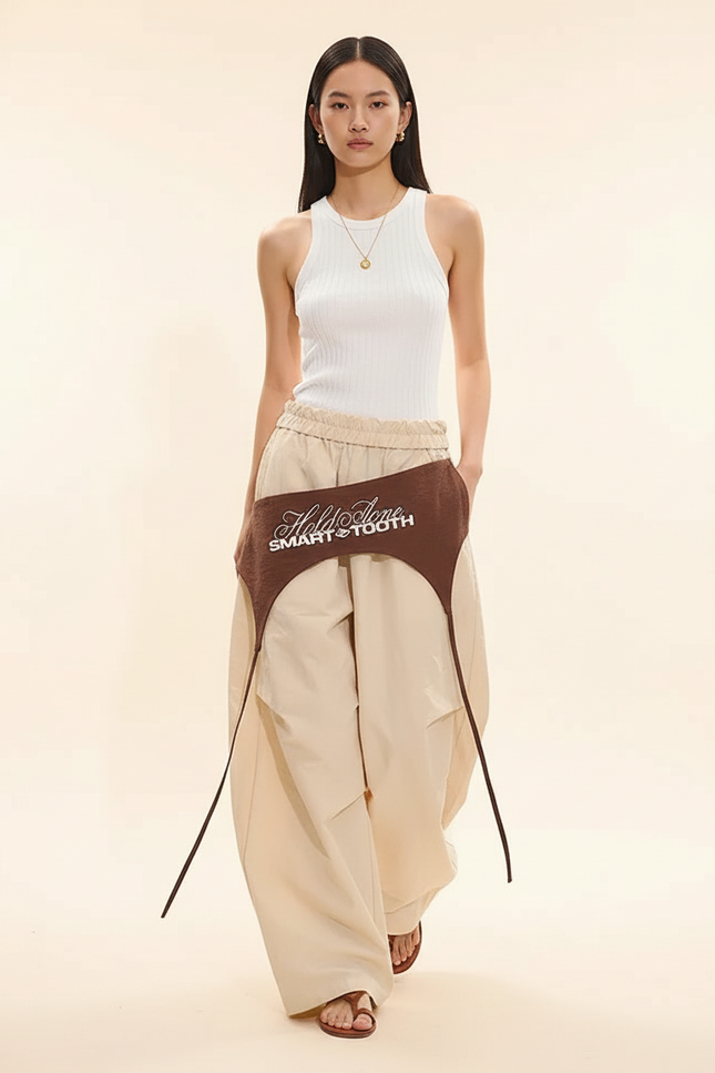 Pantalon Baggy Beige Ample Bretelles Croisées Cargo - Polyester