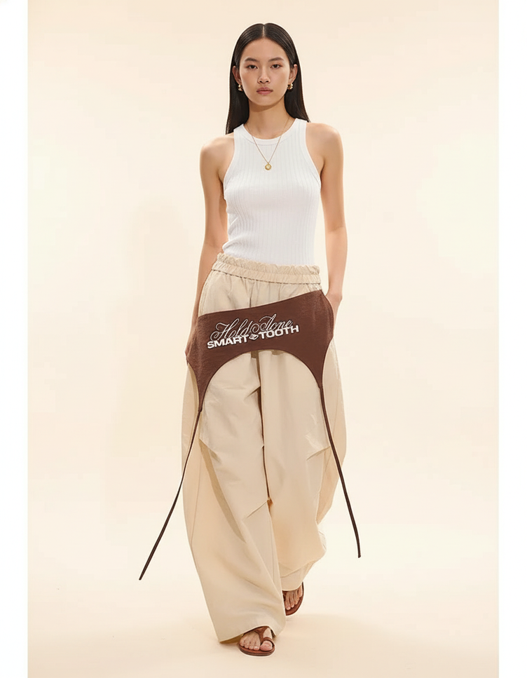 Pantalon Baggy Beige Ample Bretelles Croisées Cargo - Polyester