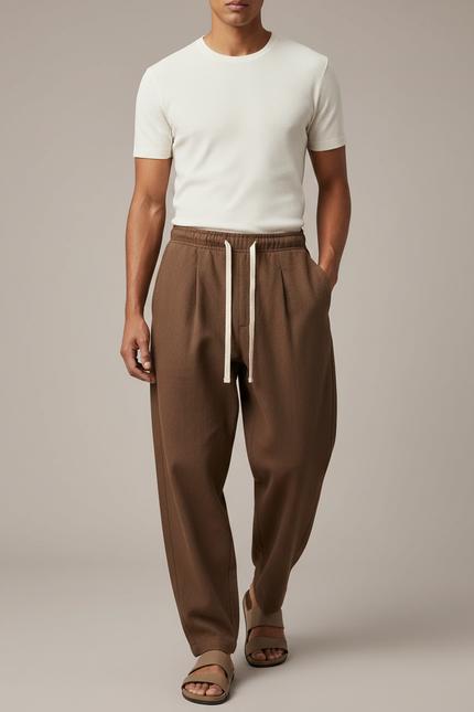 Pantalon Baggy Marron Ample Plissé Cordon Homme - Laine