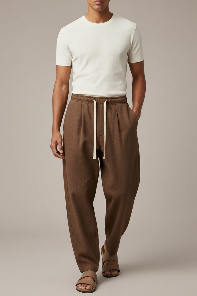 Pantalon Baggy Marron Ample Plissé Cordon Homme - Laine