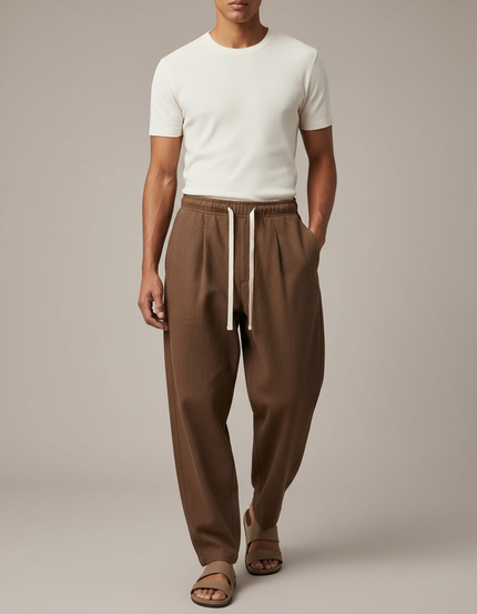 Pantalon Baggy Marron Ample Plissé Cordon Homme - Laine