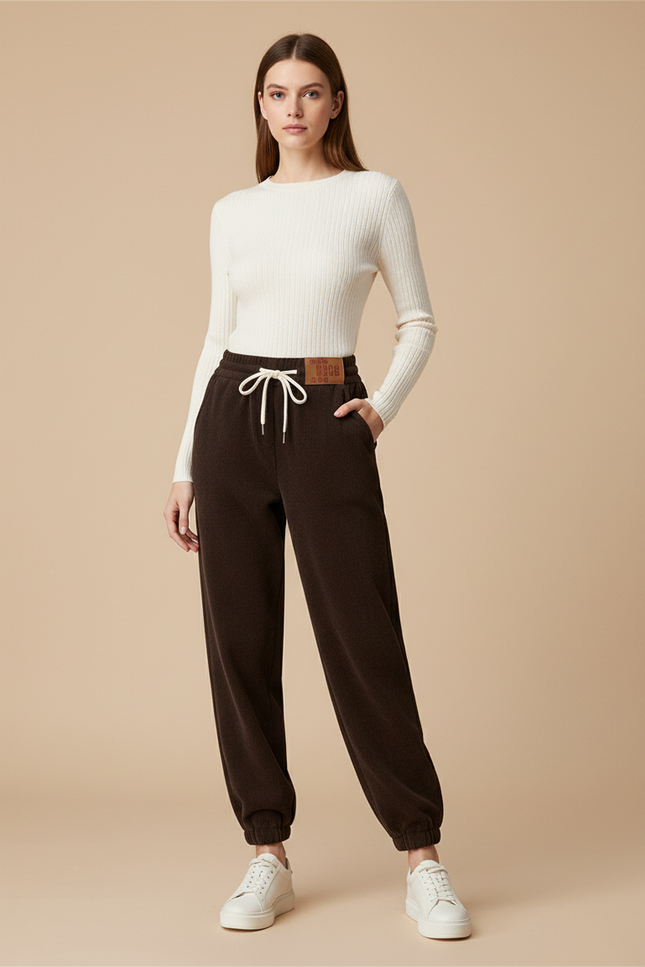 Pantalon Baggy Marron Molleton Cordon Confortable Chaud