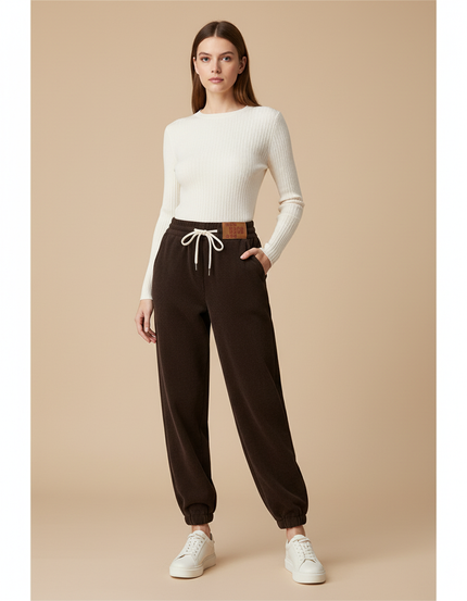 Pantalon Baggy Marron Molleton Cordon Confortable Chaud