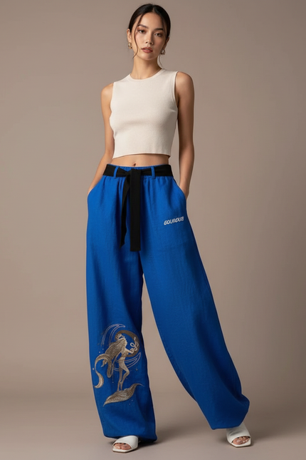Pantalon Baggy Bleu Imprimé Ample Streetwear Cordon Femme - Lin