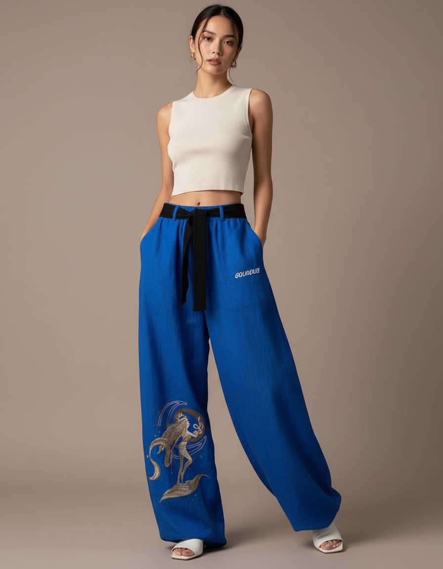 Pantalon Baggy Bleu Imprimé Ample Streetwear Cordon Femme - Lin