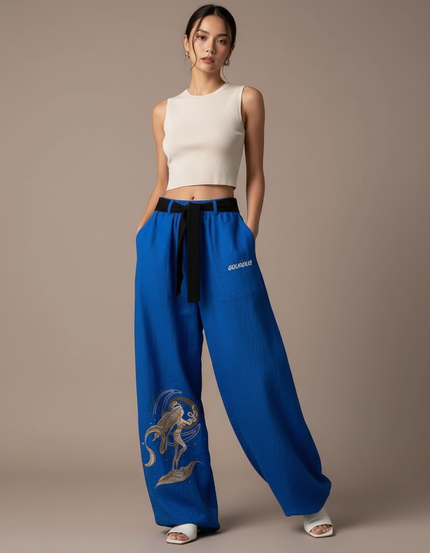 Pantalon Baggy Bleu Imprimé Ample Streetwear Cordon Femme - Lin