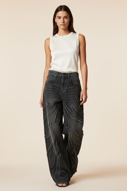 Pantalon Baggy Denim Noir Délavé Flammes Ample - Gris Jean