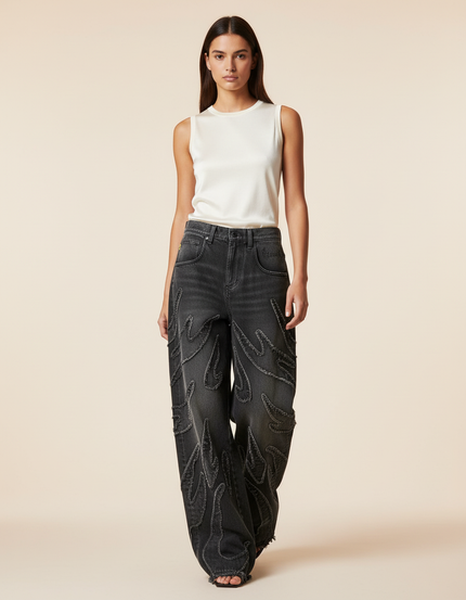 Pantalon Baggy Denim Noir Délavé Flammes Ample - Gris Jean