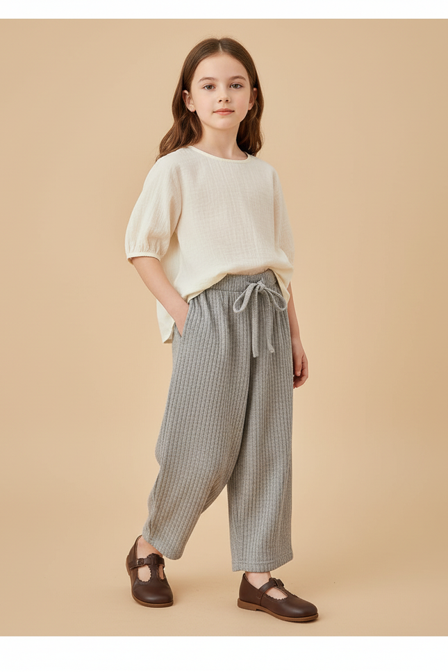 Pantalon Baggy Gris Côtelé Ample Cordon Enfant - Cordé